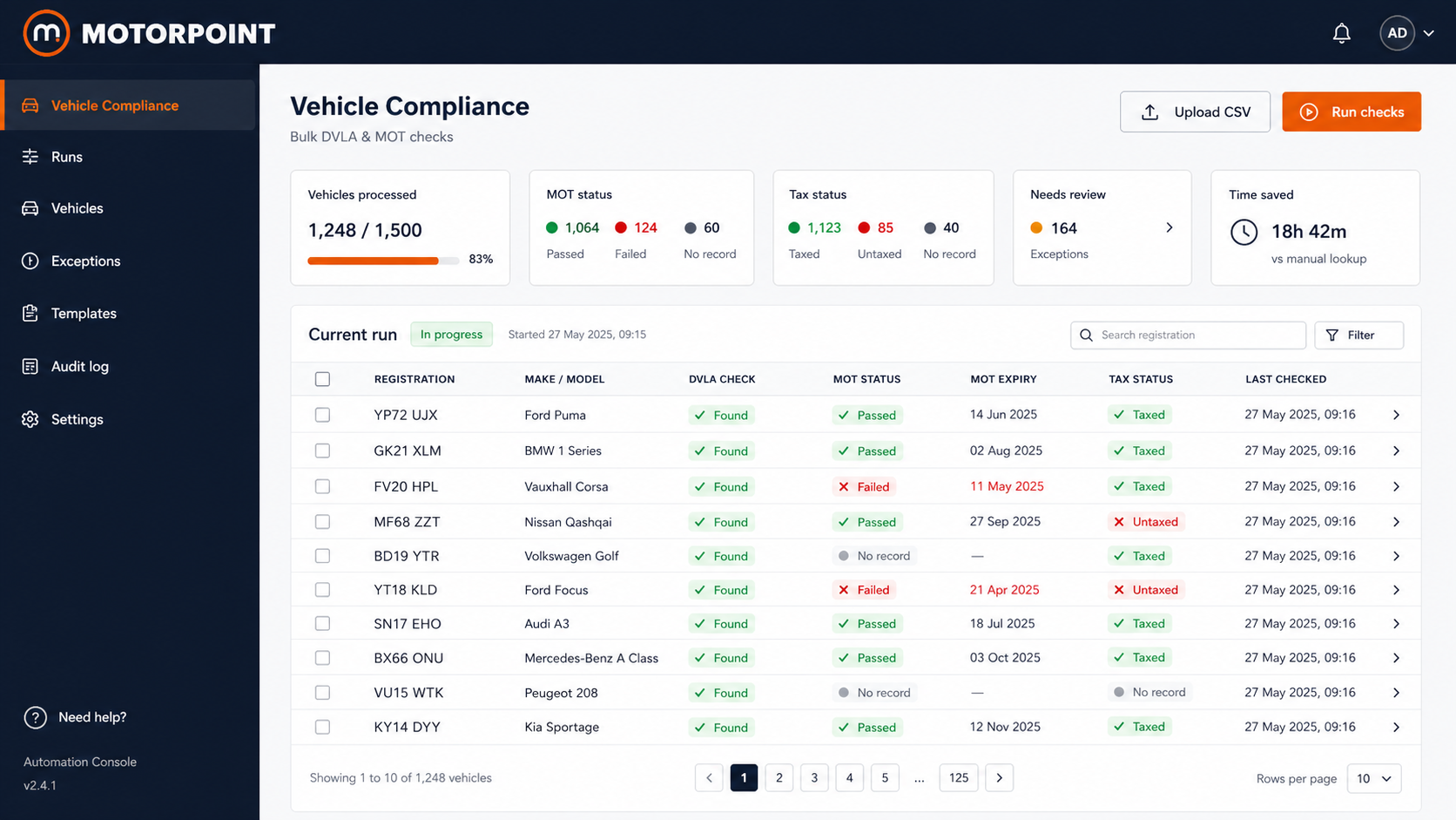 Motorpoint bulk DVLA and MOT vehicle compliance automation console