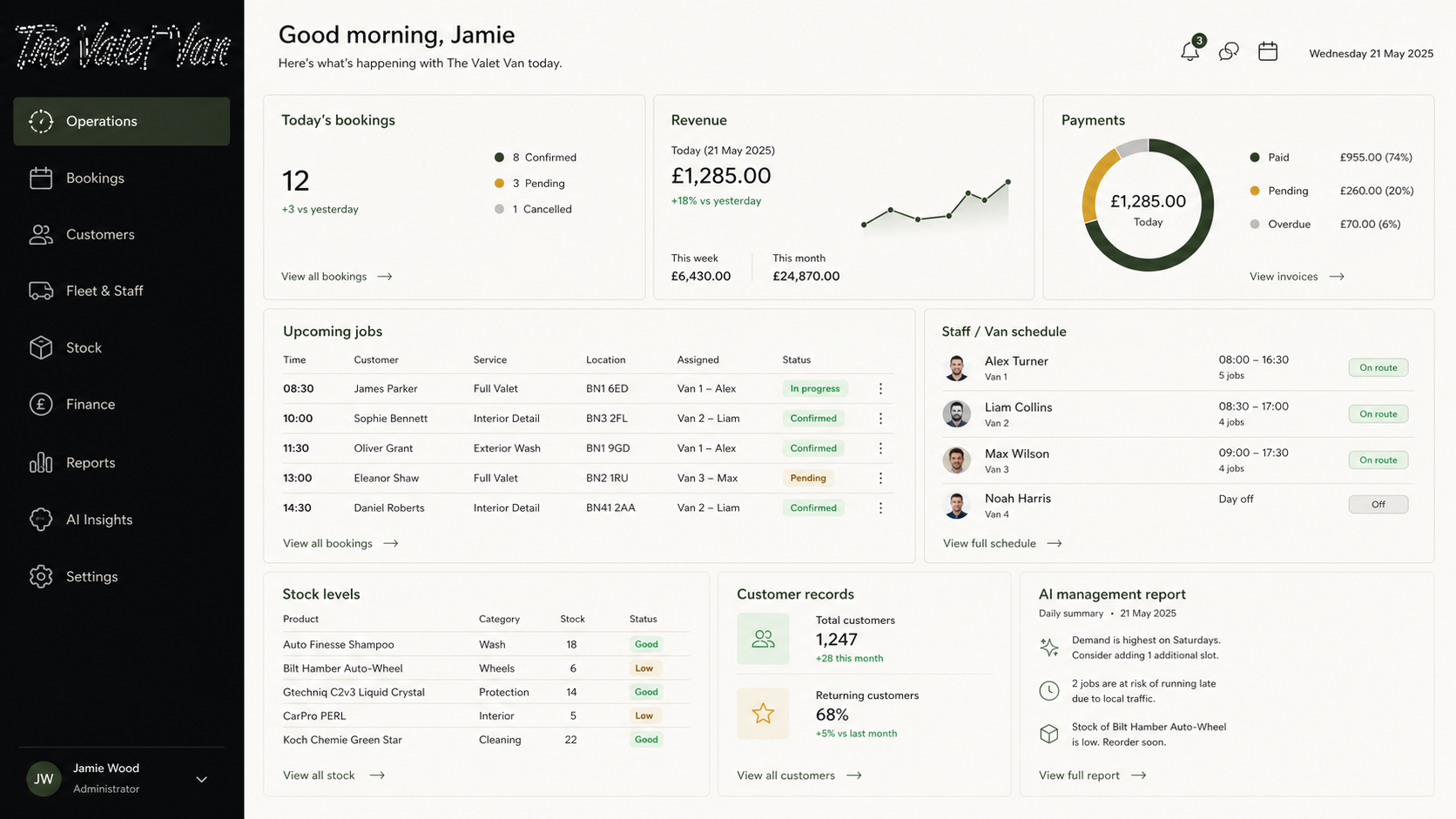 The Valet Van custom CRM showing bookings, payments, stock and management reporting